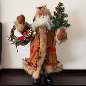 Santa's Workshop Cardinal and Berries Santa Claus Rustic Faux Fur Coat 15.5"